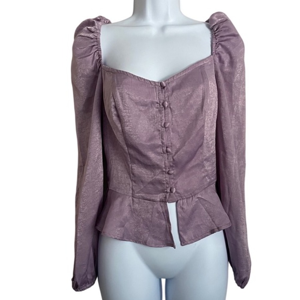 Y2K Coquette Lavender Satin Button Up Corset Peasant Top Puff Sleeve Small Fairy